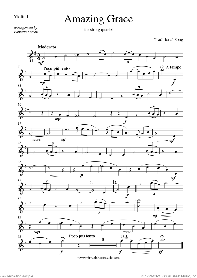 Amazing Grace (parts) sheet music for string quartet or string orchestra, easy/intermediate skill level