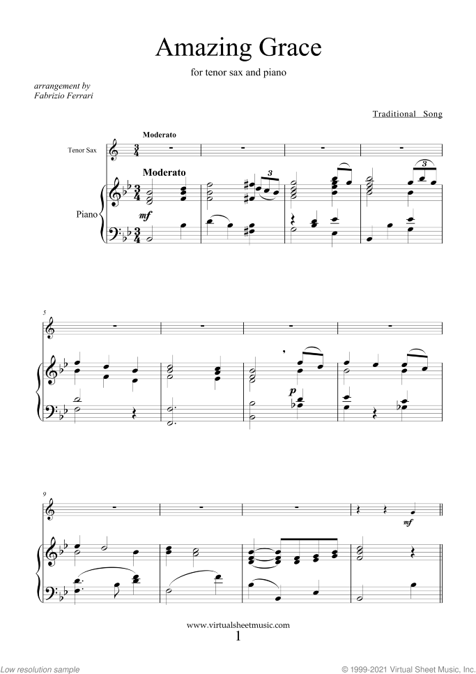 Amazing Grace sheet music for tenor saxophone and piano, easy skill level
