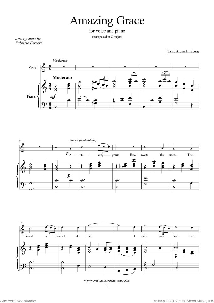 Amazing Grace (in C) sheet music for voice and piano, easy skill level