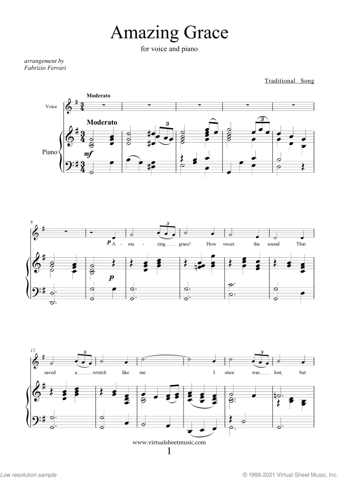 Amazing Grace (in G) sheet music for voice and piano, easy skill level
