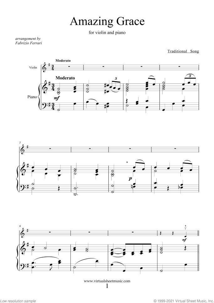 Amazing Grace sheet music for violin and piano, easy skill level