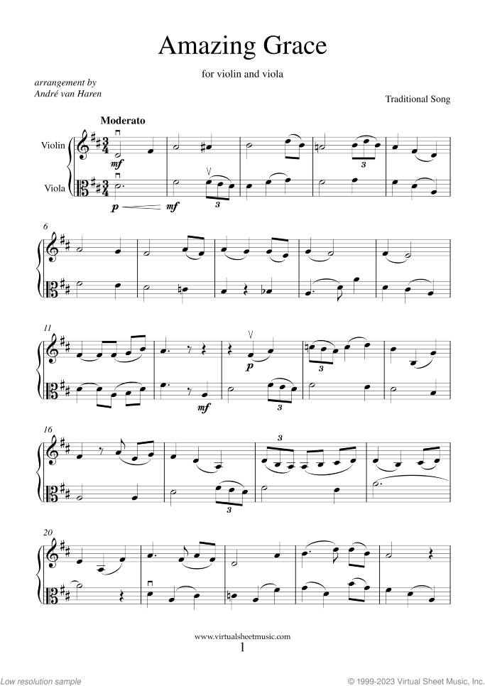 Amazing Grace sheet music for violin and viola, intermediate duet