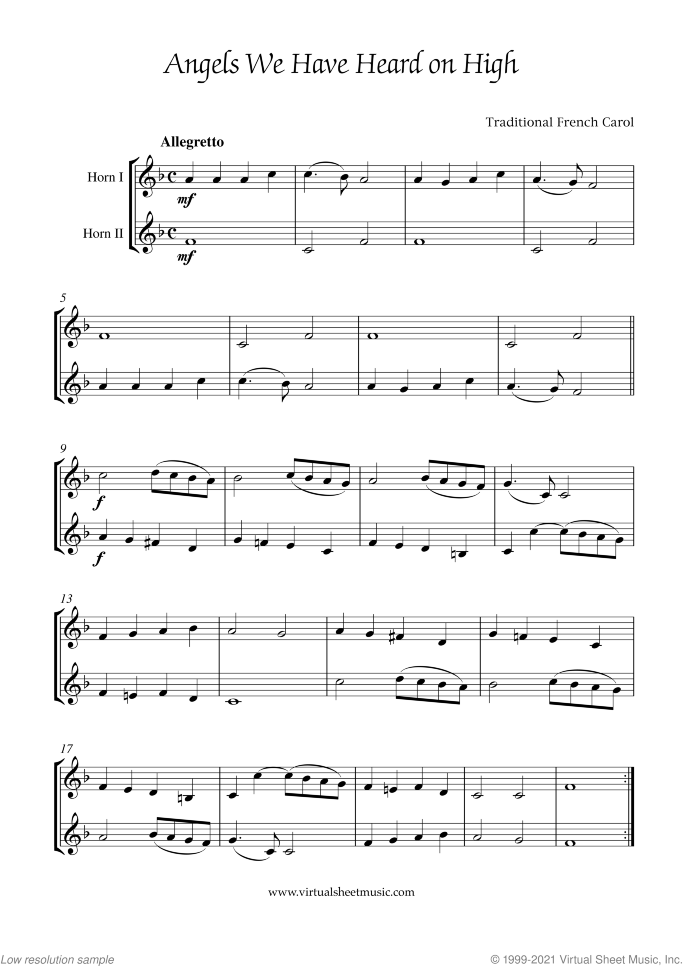 Angels We Have Heard on High sheet music for two horns, beginner duet