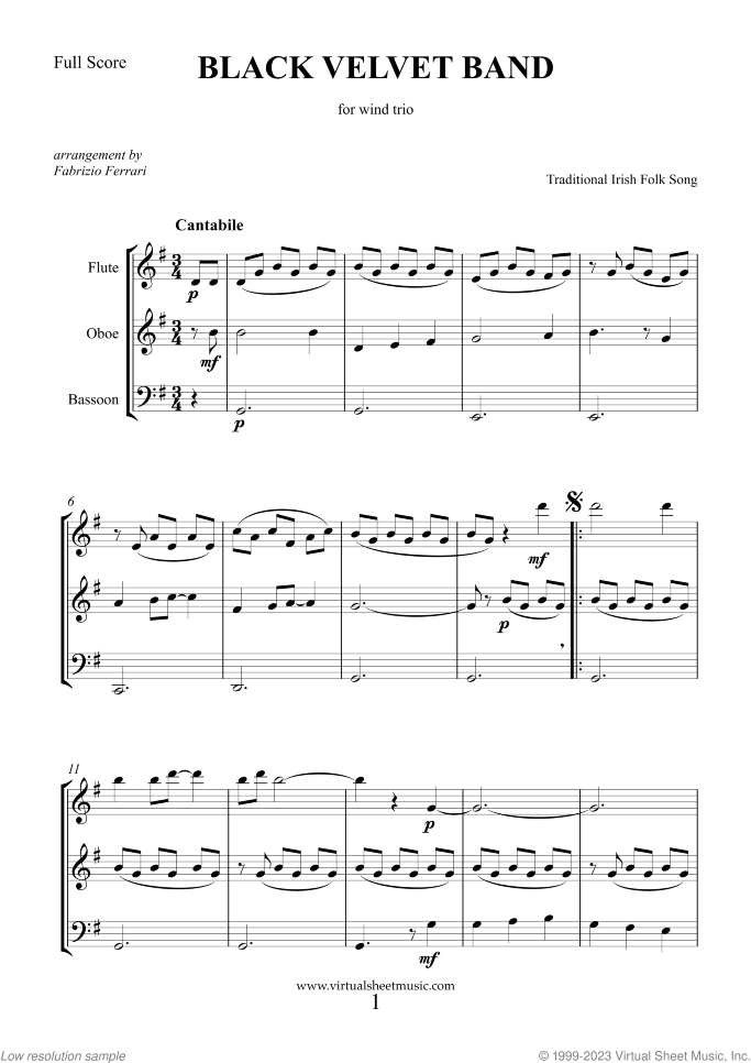 Black Velvet Band sheet music for wind trio, easy/intermediate skill level