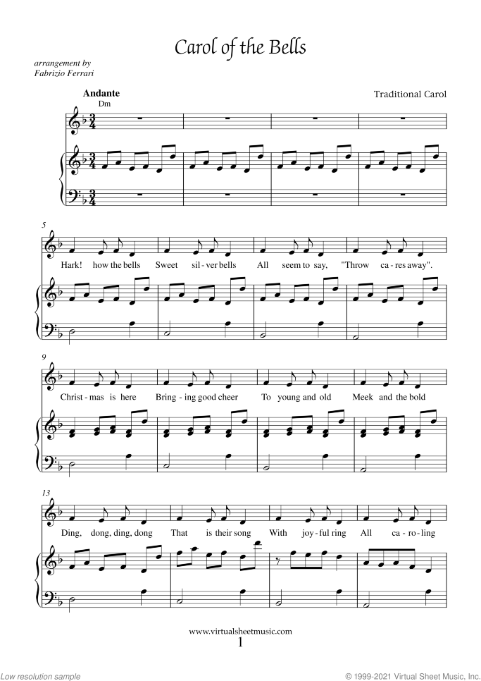 Carol of the Bells - Ukrainian Bell Carol sheet music for piano, voice or other instruments, easy skill level