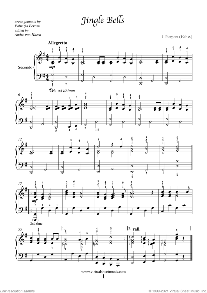 Christmas Sheet Music and Carols for piano four hands, beginner skill level