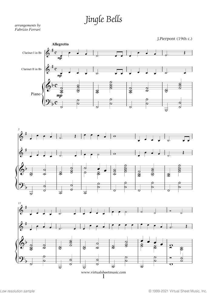 Christmas Sheet Music and Carols for two clarinets and piano, easy/intermediate duet