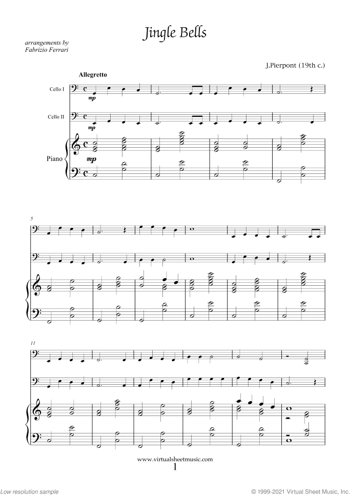 Christmas Sheet Music and Carols for two cellos and piano, easy duet