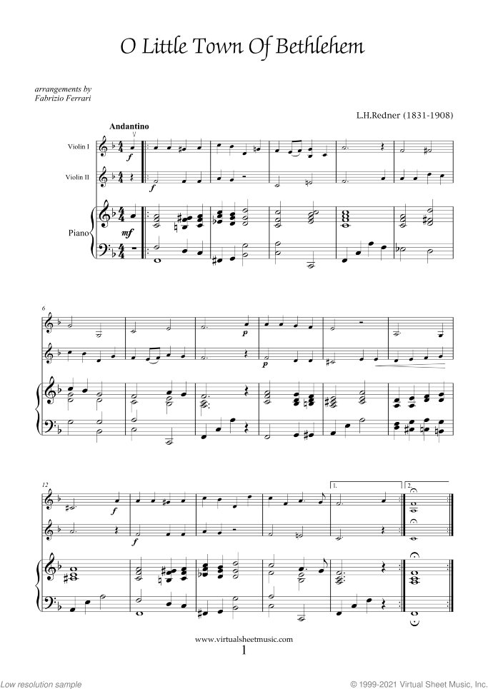 Christmas Sheet Music and Carols for two violins and piano, easy duet