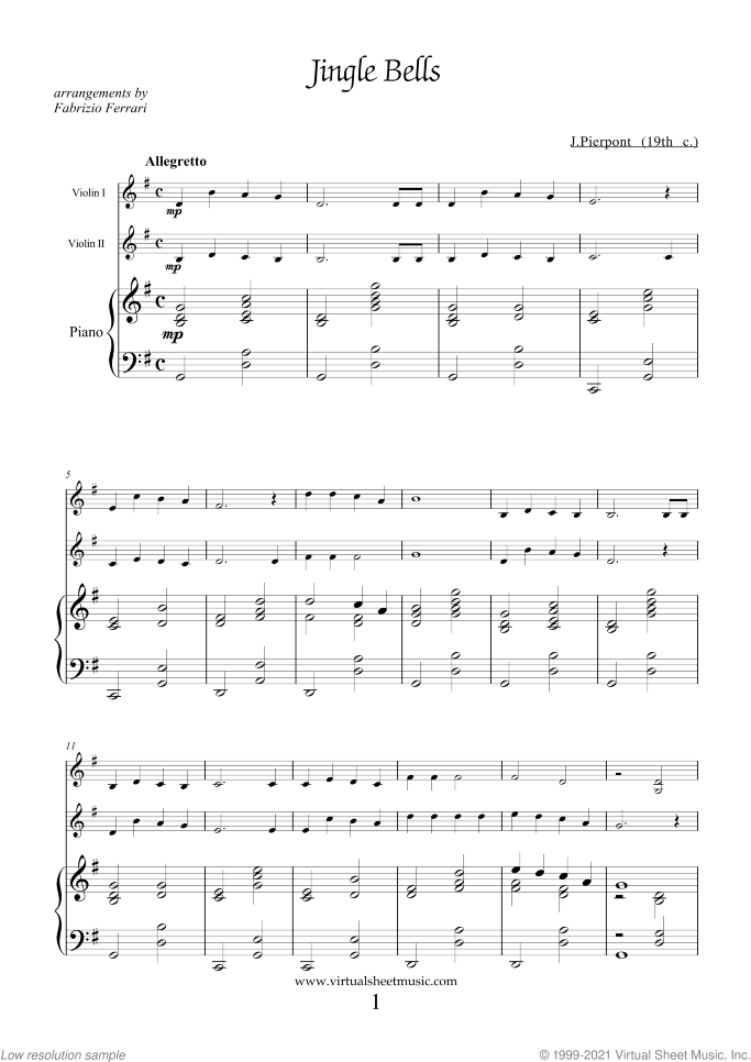 Christmas Sheet Music and Carols for two violins and piano, easy duet