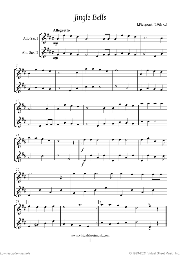Christmas Sheet Music and Carols for two alto saxophones, easy duet