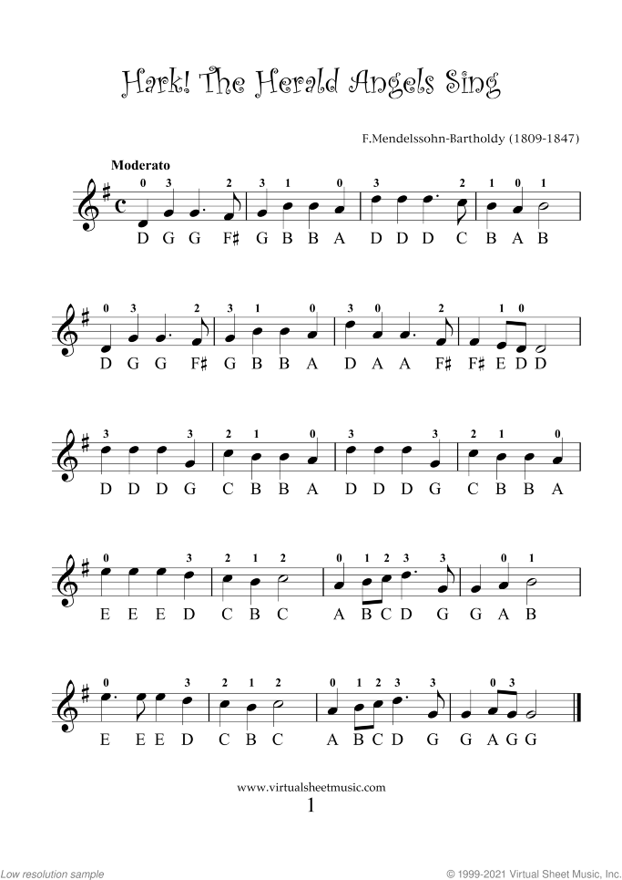 Christmas Sheet Music and Carols "For Beginners" for violin solo, beginner skill level