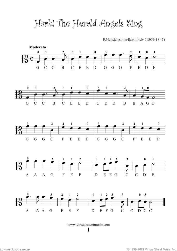 Christmas Sheet Music and Carols "For Beginners" for viola solo, beginner skill level