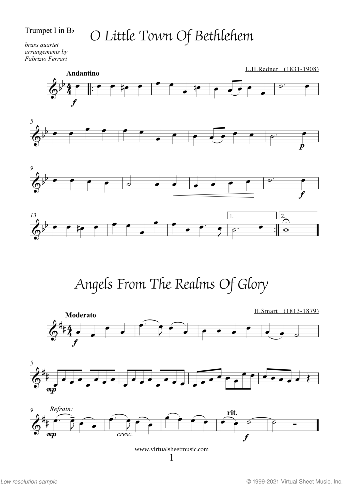 Christmas Sheet Music and Carols for brass quartet (1), easy/intermediate skill level