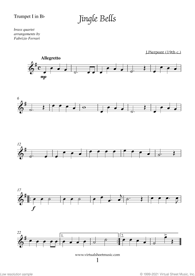 Christmas Sheet Music and Carols for brass quartet (1), easy/intermediate skill level