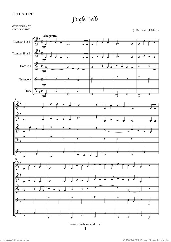 Christmas Sheet Music and Carols for brass quintet, easy/intermediate skill level
