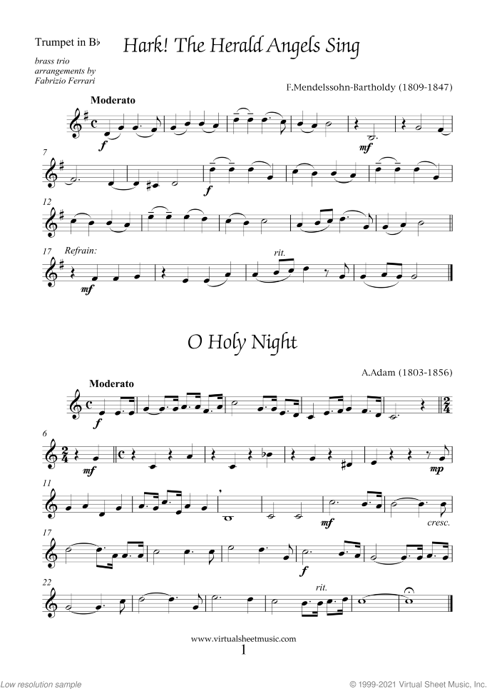 Christmas Sheet Music and Carols for brass trio, intermediate skill level