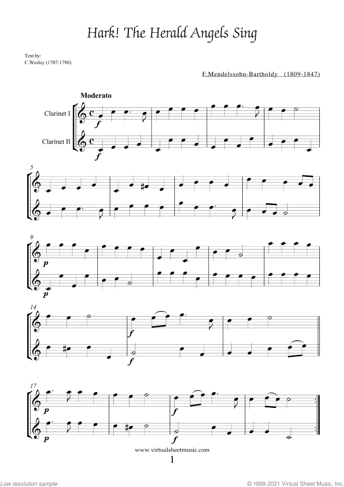 Christmas Sheet Music and Carols for two clarinets, easy duet
