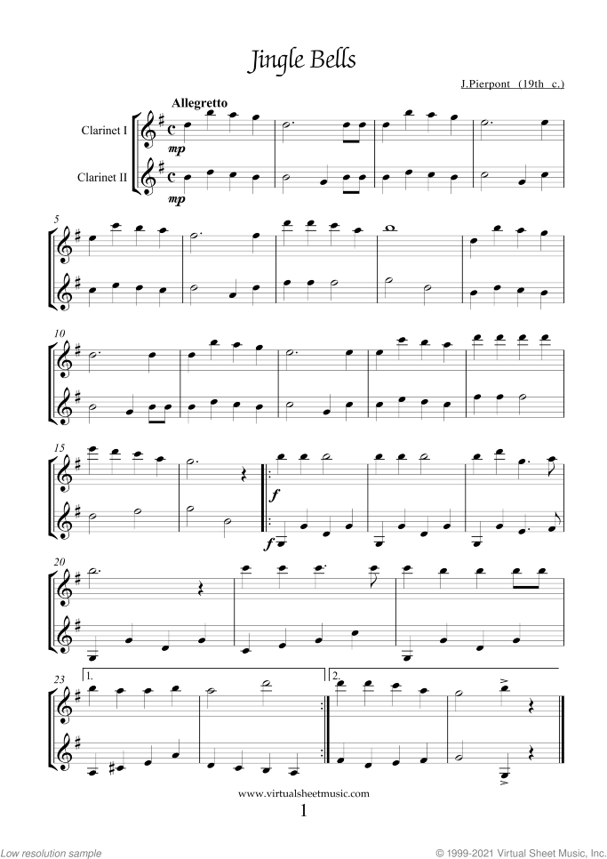 Christmas Sheet Music and Carols for two clarinets, easy duet