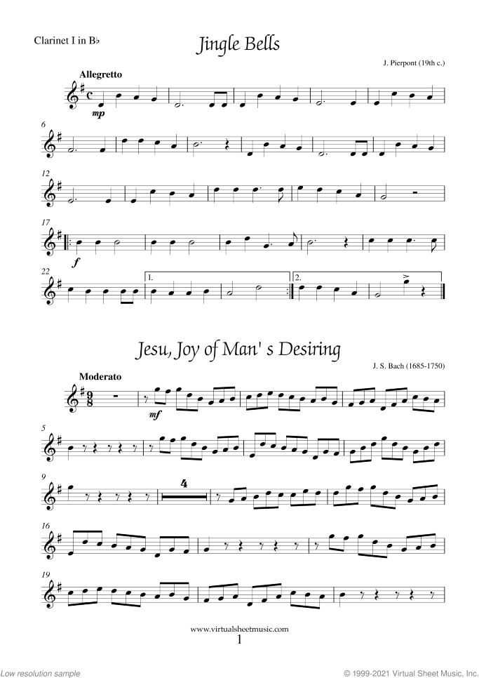 Christmas Sheet Music and Carols for clarinet quintet, easy/intermediate skill level