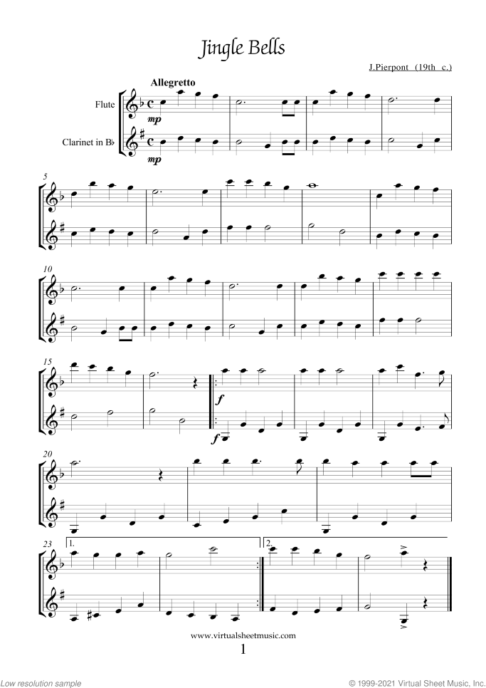 Christmas Sheet Music and Carols for flute and clarinet, easy duet