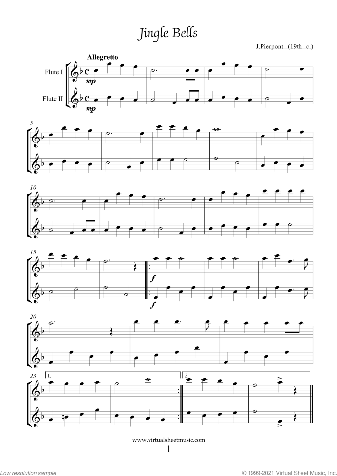 Christmas Sheet Music and Carols for two flutes, easy duet