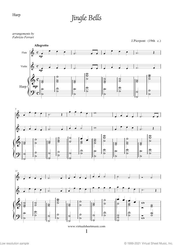 Christmas Sheet Music and Carols for flute, violin and harp, easy/intermediate skill level