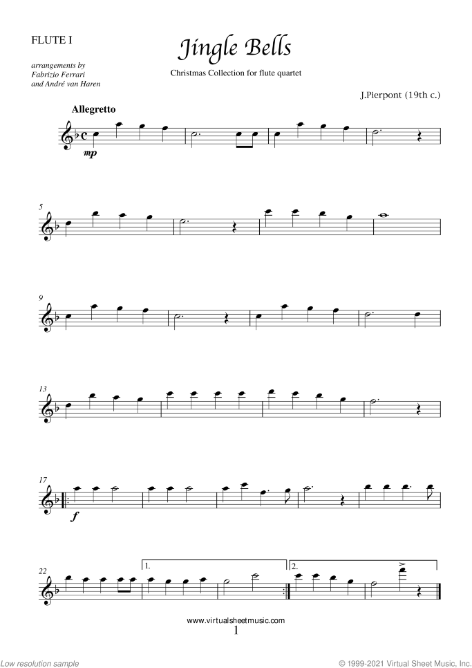 Christmas Sheet Music and Carols for flute quartet, easy skill level