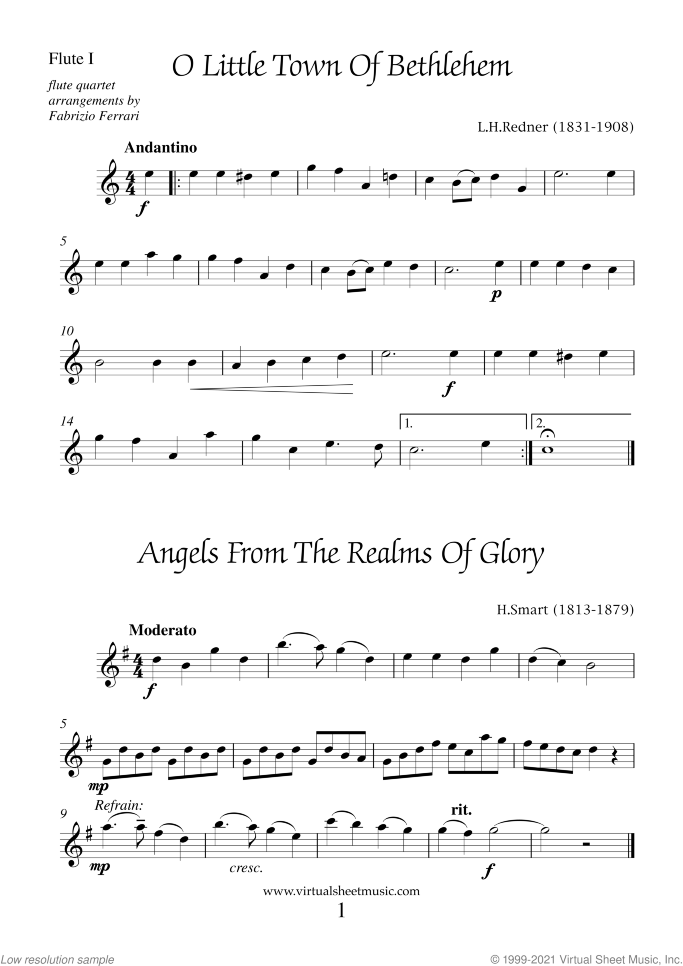 Christmas Sheet Music and Carols for flute quartet, easy skill level