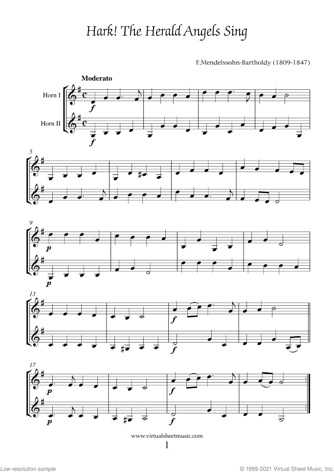 Christmas Sheet Music and Carols for two horns, easy/intermediate duet