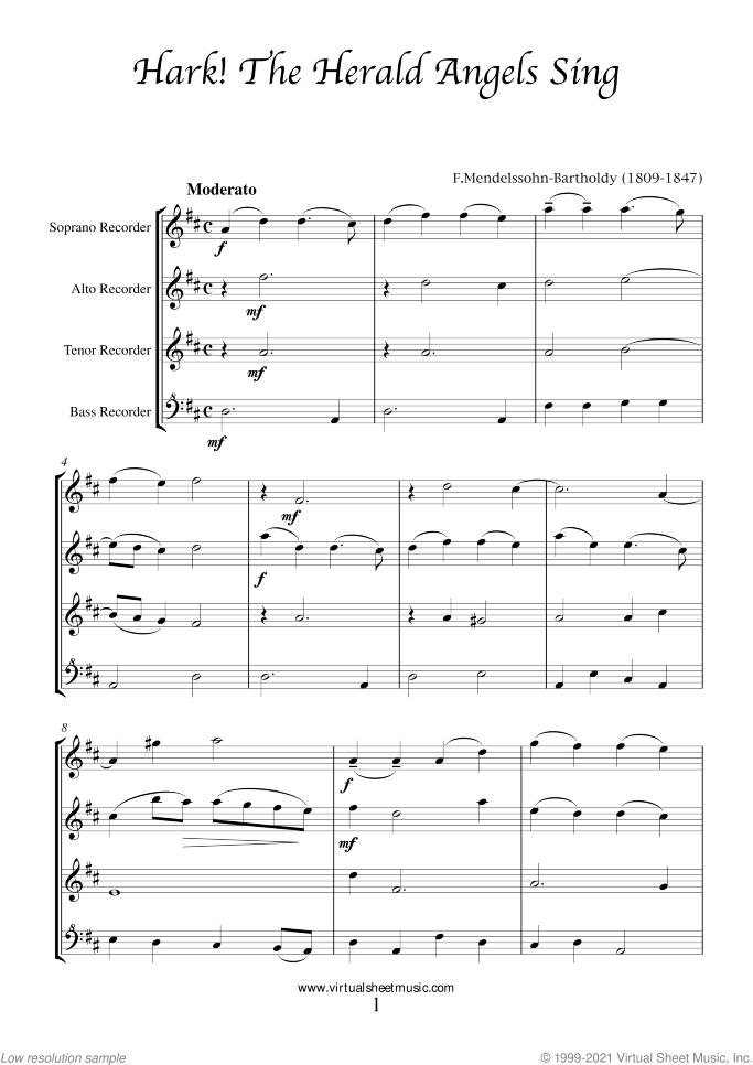 Christmas Sheet Music and Carols for recorder quartet, easy skill level