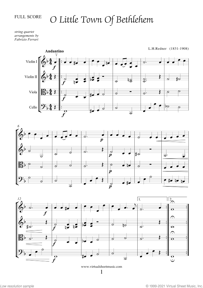 Christmas Sheet Music and Carols for string quartet, easy skill level