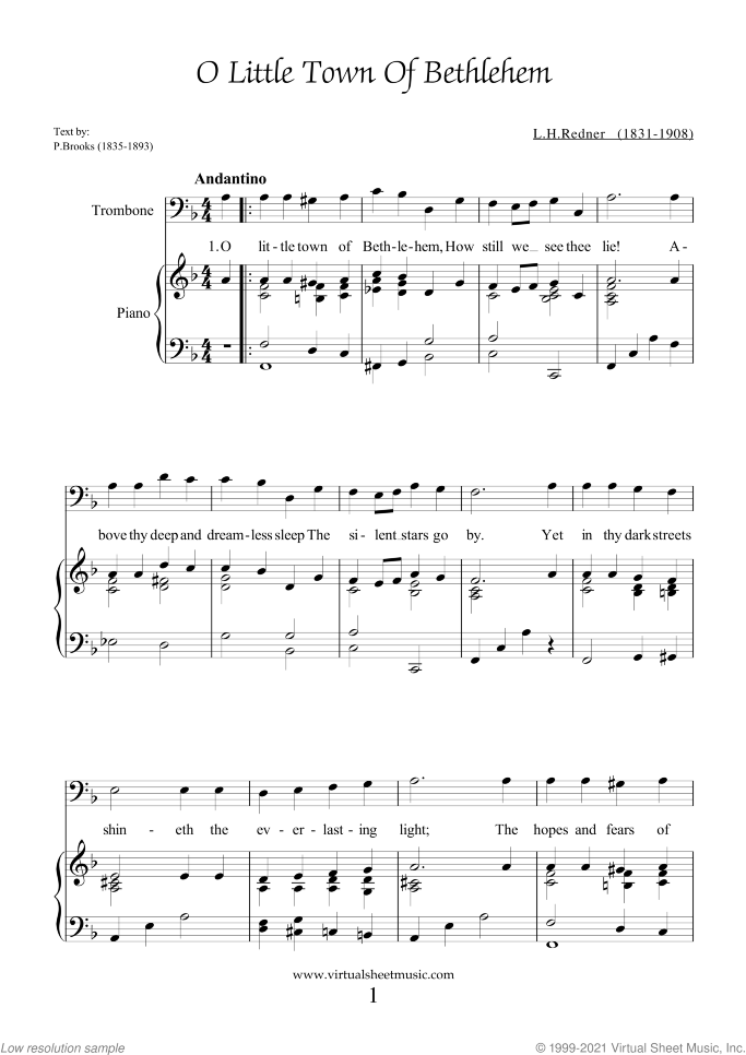 Christmas Sheet Music and Carols for trombone and piano, easy skill level