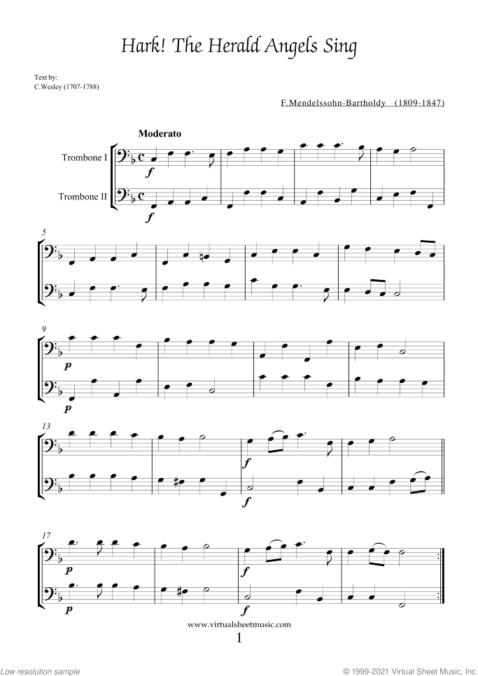 Christmas Sheet Music and Carols for two trombones, easy duet