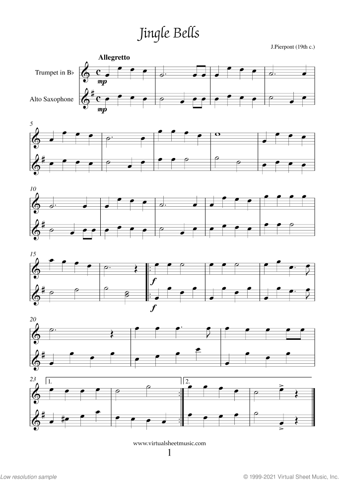 Christmas Sheet Music and Carols for trumpet and alto saxophone, easy/intermediate duet