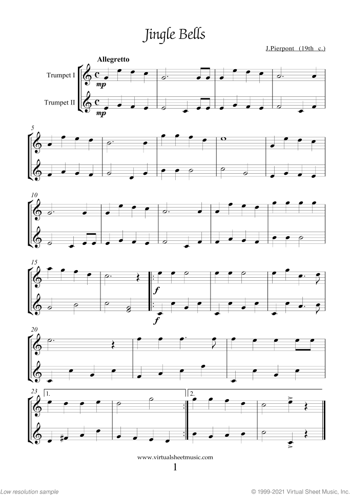 Christmas Sheet Music and Carols for two trumpets, intermediate duet