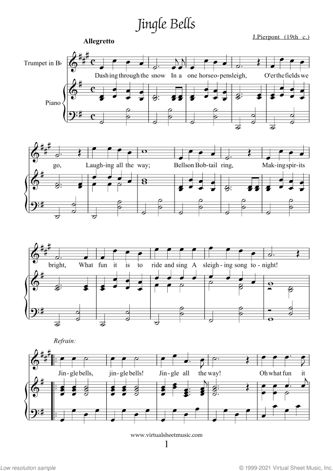 Christmas Sheet Music and Carols for trumpet and piano, intermediate skill level