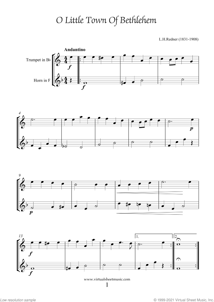 Christmas Sheet Music and Carols for trumpet and horn, easy/intermediate duet