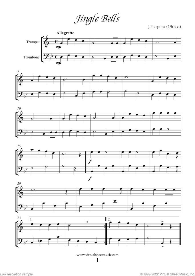 Christmas Sheet Music and Carols for trumpet and trombone, intermediate duet