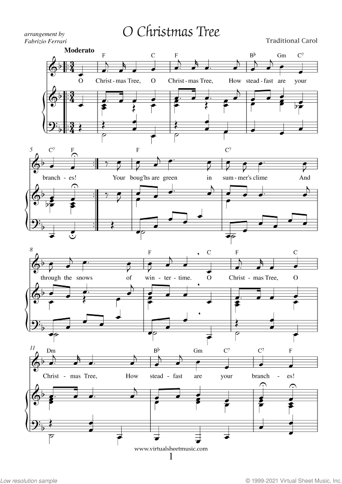 O Christmas Tree sheet music for piano, voice or other instruments, Christmas carol score, easy skill level