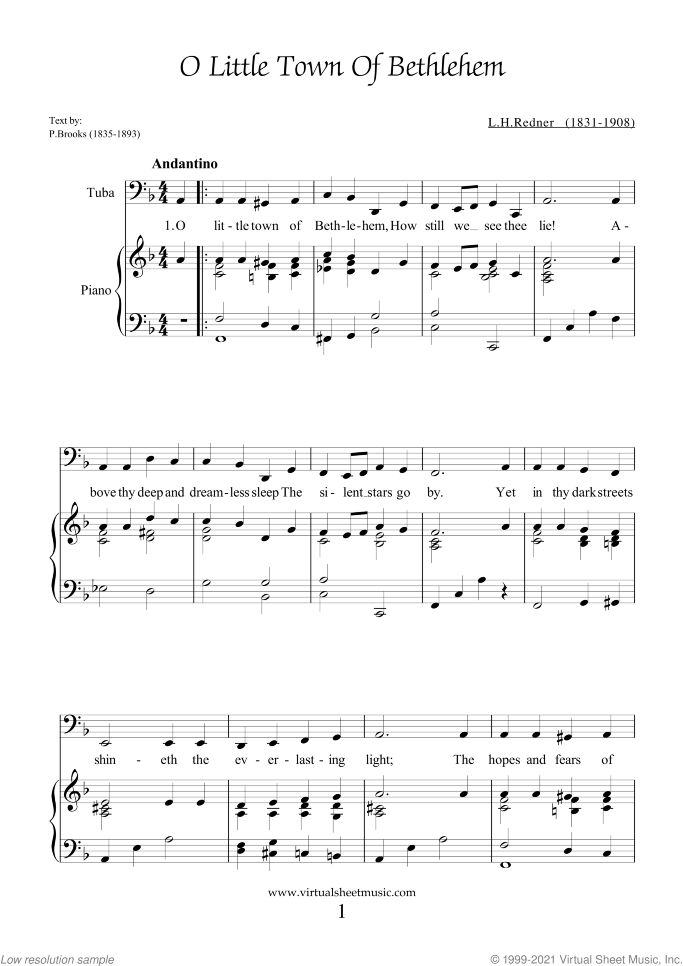 Christmas Sheet Music and Carols for tuba and piano, easy skill level
