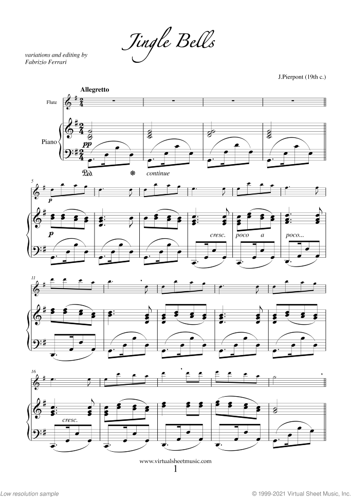 Christmas Variations (Advanced Christmas Carols) sheet music for flute and piano, Christmas carol score, advanced skill level