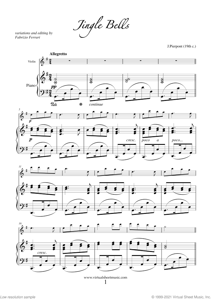 Christmas Variations (Advanced Christmas Carols) sheet music for violin and piano, Christmas carol score, advanced skill level