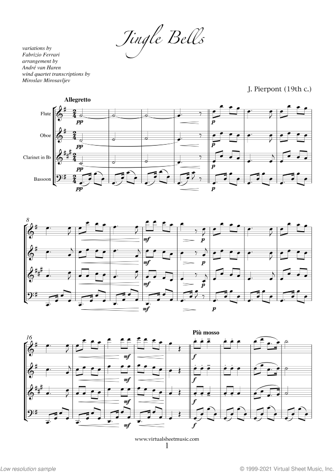 Christmas Variations - Advanced Christmas Carols (f.score) sheet music for wind quartet, Christmas carol score, advanced skill level