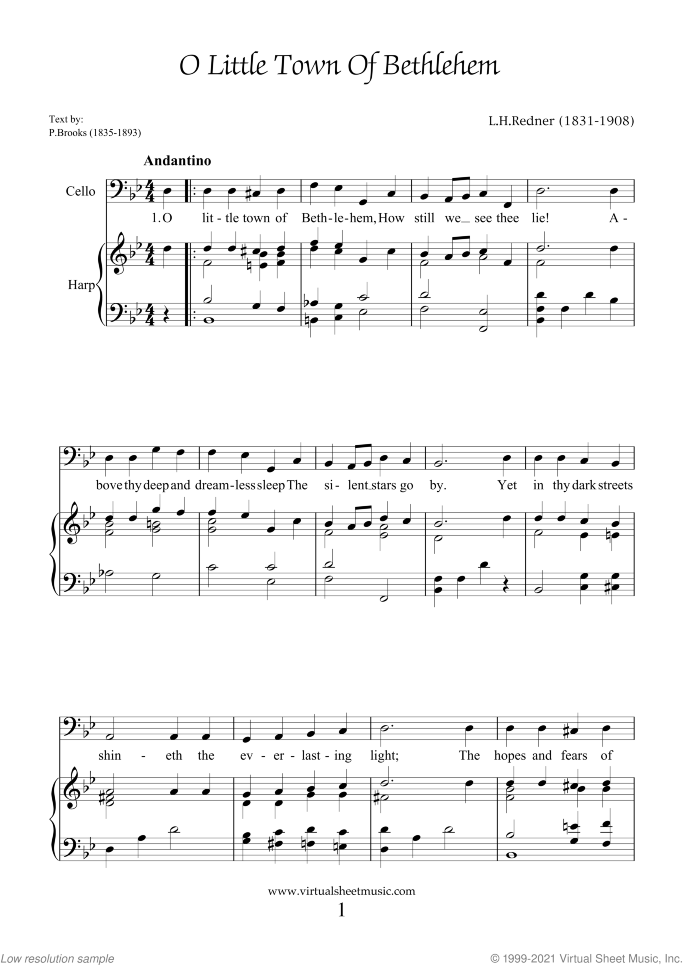 Christmas Sheet Music and Carols for cello and harp, easy duet