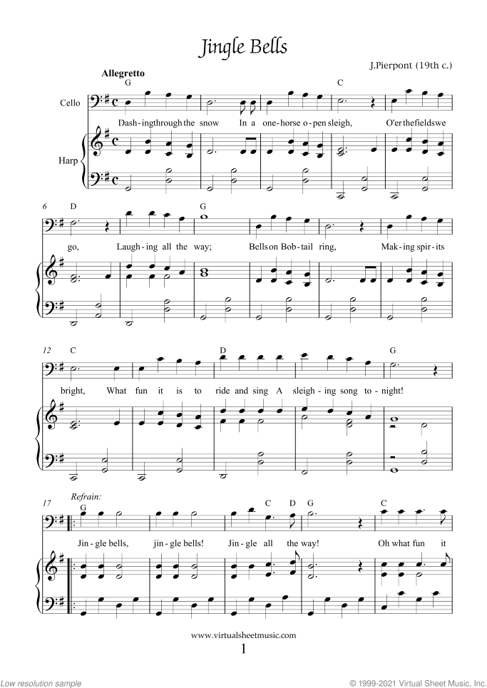 Christmas Sheet Music and Carols for cello and harp, easy duet
