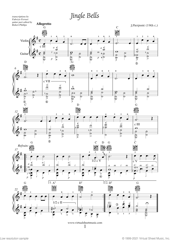 Christmas Sheet Music and Carols for violin and guitar, easy/intermediate duet