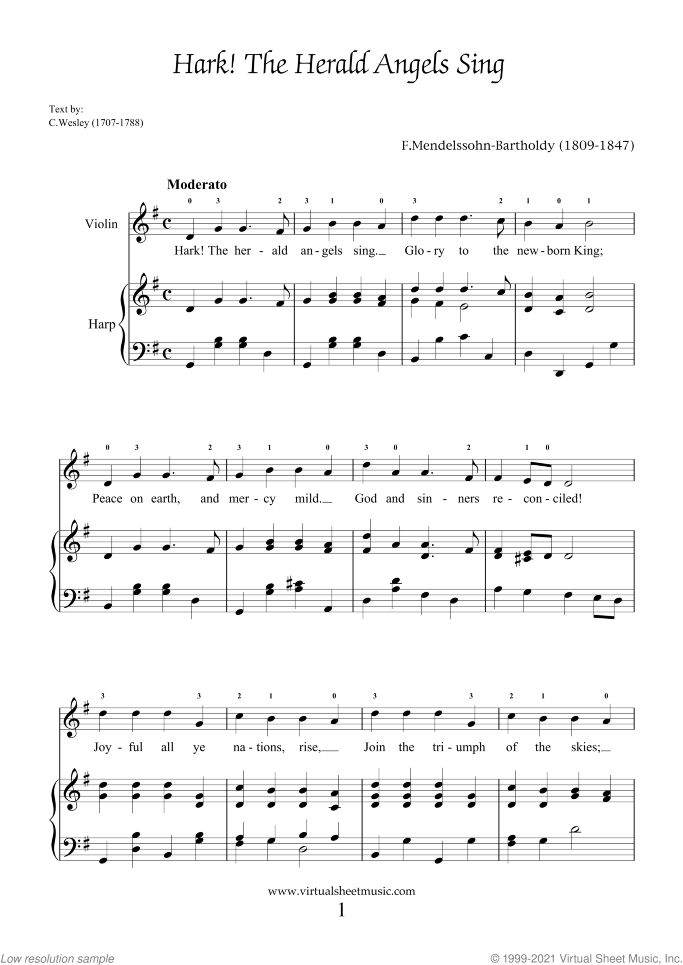 Christmas Sheet Music and Carols for violin and harp, easy duet