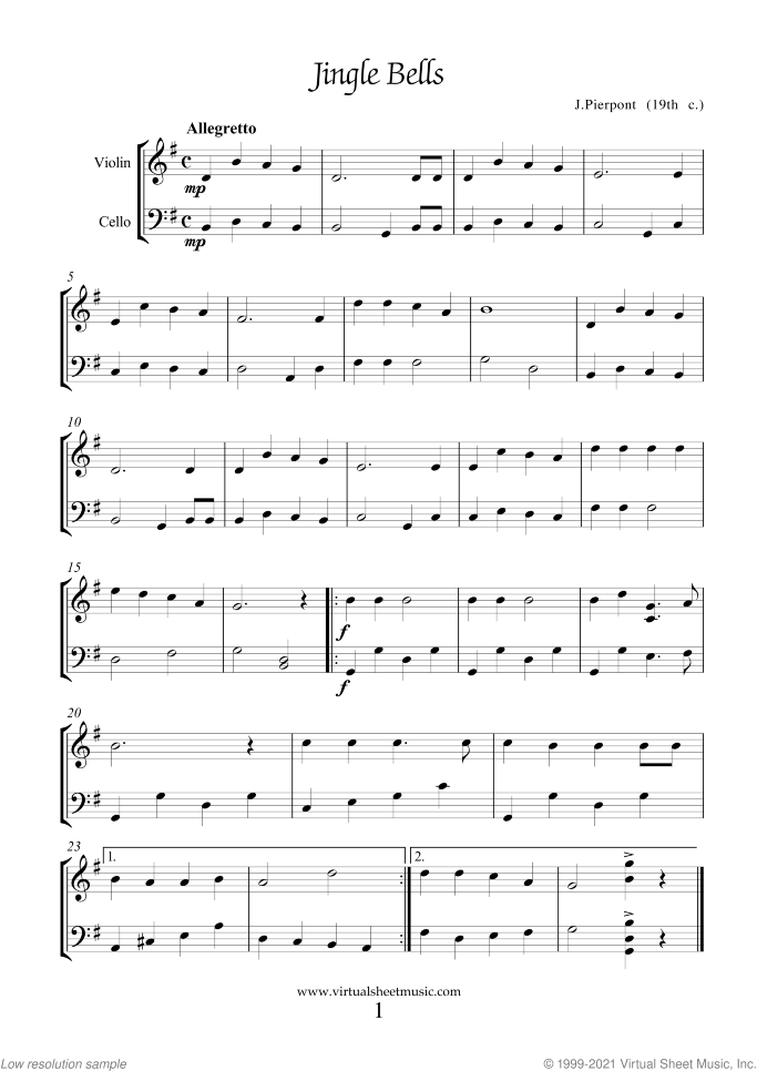 Christmas Sheet Music and Carols for violin and cello, easy duet