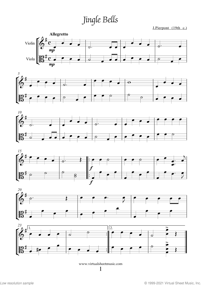Christmas Sheet Music and Carols for violin and viola, easy duet